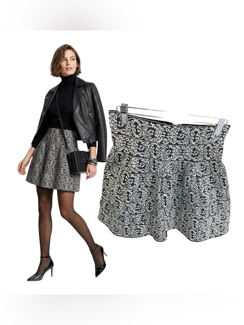 Metallic Silver Black Jacquard Mini Skirt High Waist Stretch Flare Small 26